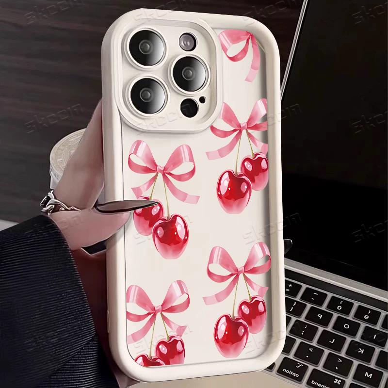 Simple Pink Cherry Bow Pattern Phone Case For iPhone 17 16 15 14 13 12 11 Pro Max 17 Air 16E X XR XS 7 8 Plus Shockproof Cover