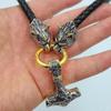 Stainless Steel Viking Wolf Head Doubles Color Thor S Hammer Pendant Leather Chain Men S Necklace Jewelry-50cm-style2 Gold