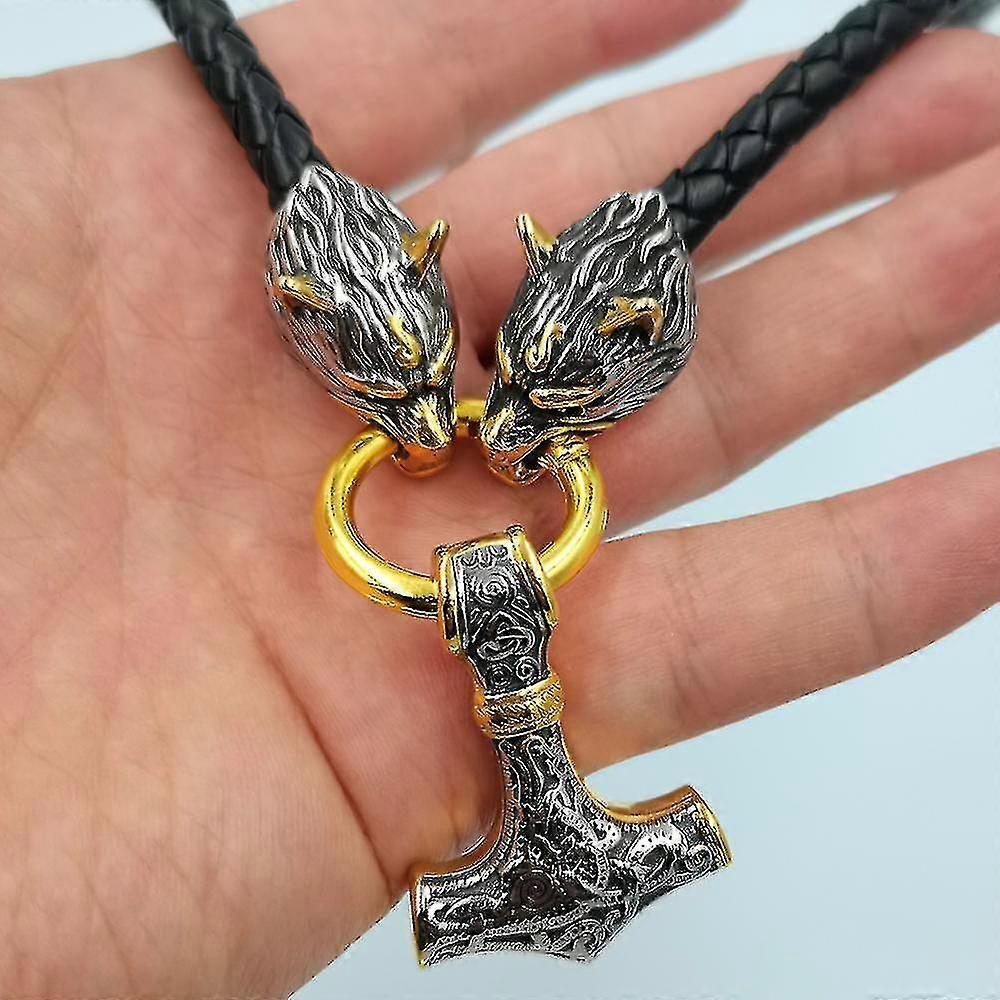 Stainless Steel Viking Wolf Head Doubles Color Thor S Hammer Pendant Leather Chain Men S Necklace Jewelry-50cm-style2 Gold