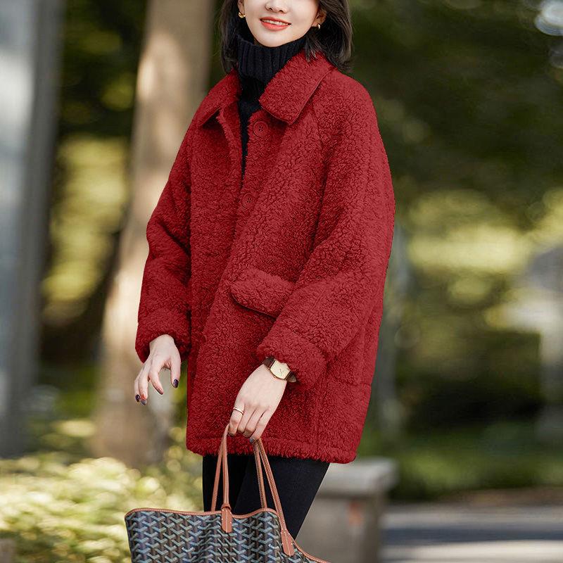 Jacket Female Fall and Winter New Korean Version of The Velvet Thickened Medium-length Imitation Lamb's Wool Lapel Loose Cotton Jacket Blouse