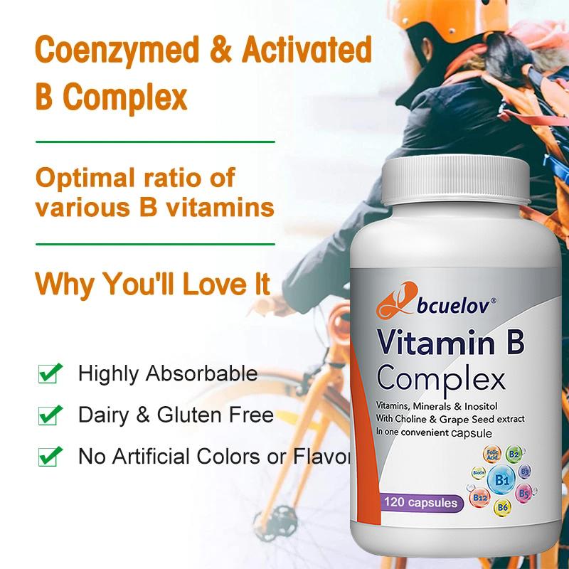 Bcuelov Complex Vitamin B Capsules Choline Grape Seeds Boost Energy 120 Vegetarian Capsules