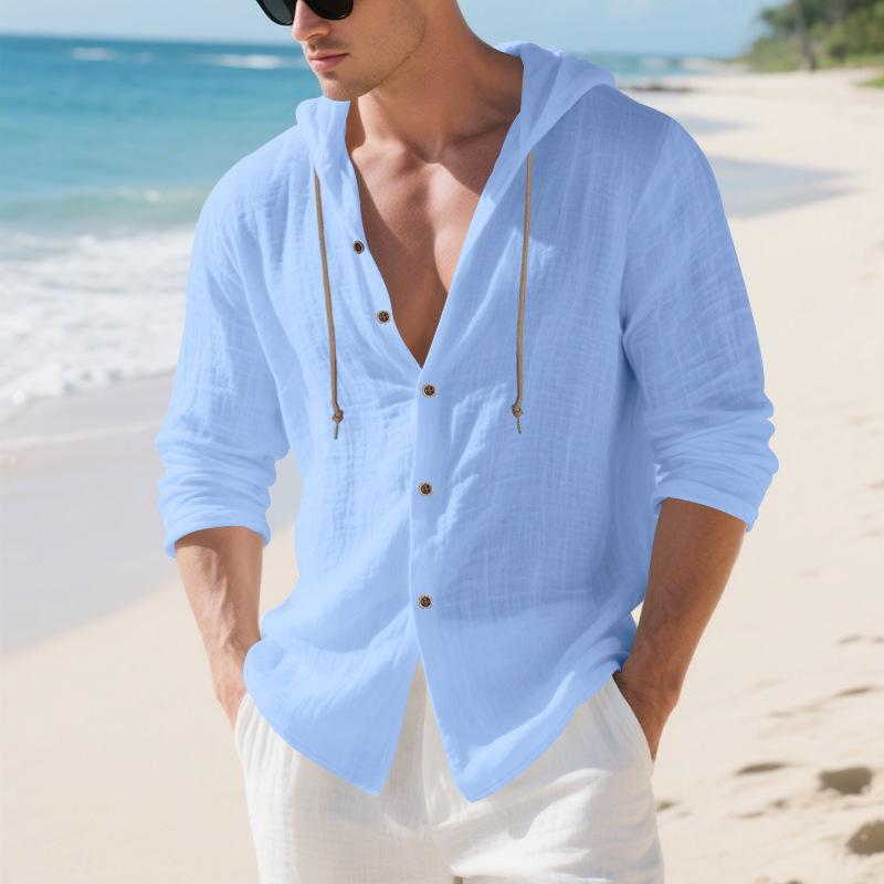 Oversized Shirt - Spring/Autumn Loose-Fit Solid-Colour Linen Men's Casual Long-Sleeved Hooded Cardigan