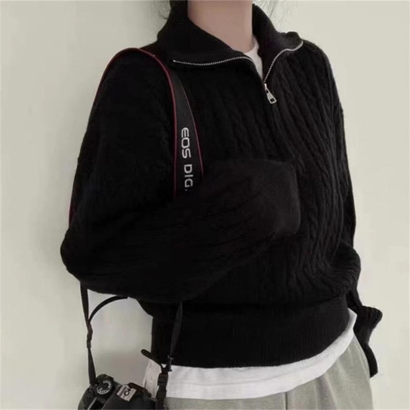 

Ретро свитер крупной вязки с отложным воротником на молнии, женский осенне-зимний новый свободный свитер с высоким воротником для верхней одежды One size чёрный