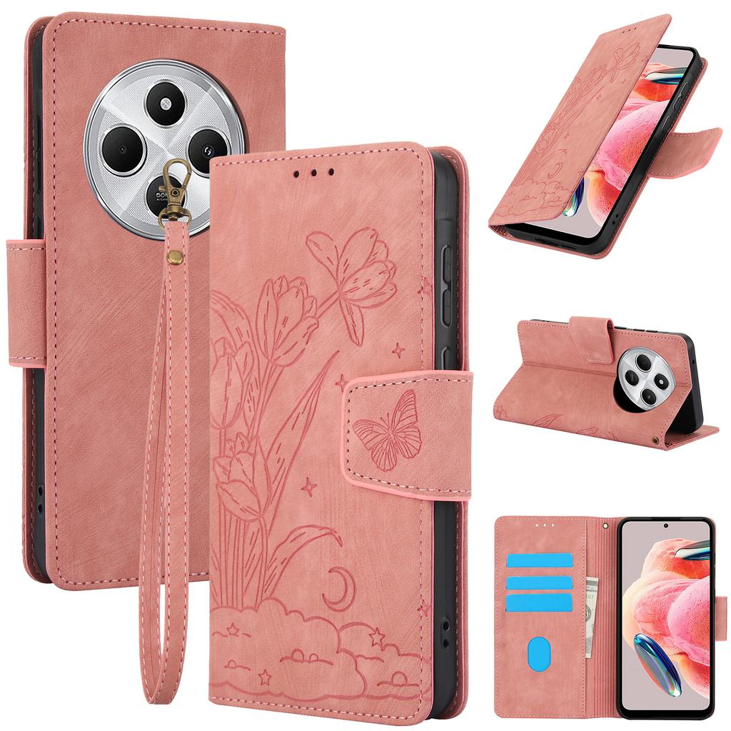 SY-001 For Xiaomi Poco C75 4G/Redmi 14R 5G/14C 4G Case Flower Butterfly Leather Wallet Phone Cover with Hand Strap