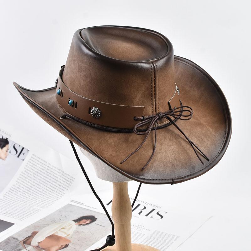100% Leather Western Cowboy Hat For Men Women Vintage Roll Brim Knight Hat Gentleman Church Cap Sombrero Hombre