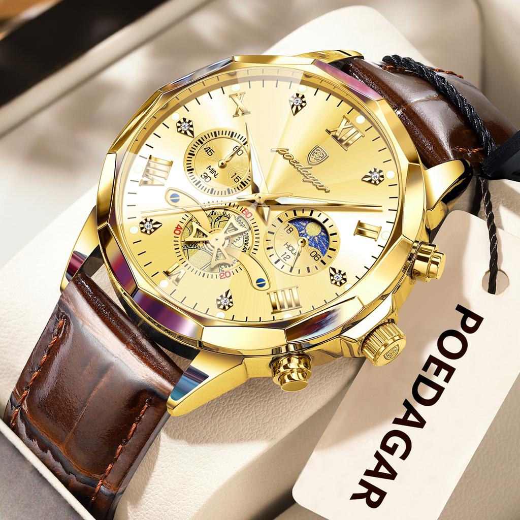 Luxury Men Wristwatch Quartz Waterproof Luminous Moon Phase Chronograph Leather Man Watch Male Reloj