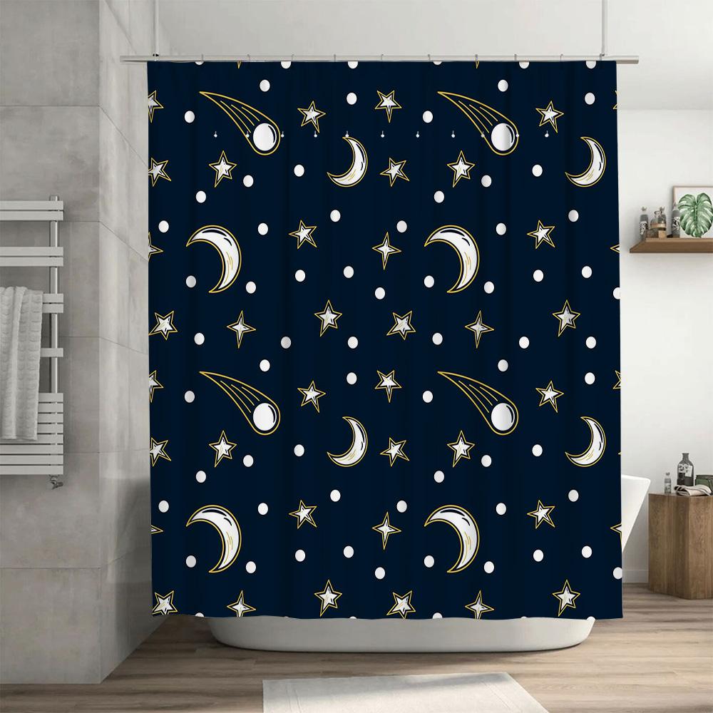 Starry Night Moon Star Print Shower Curtain Waterproof Bath Decoration for Home Decor Navy Blue White