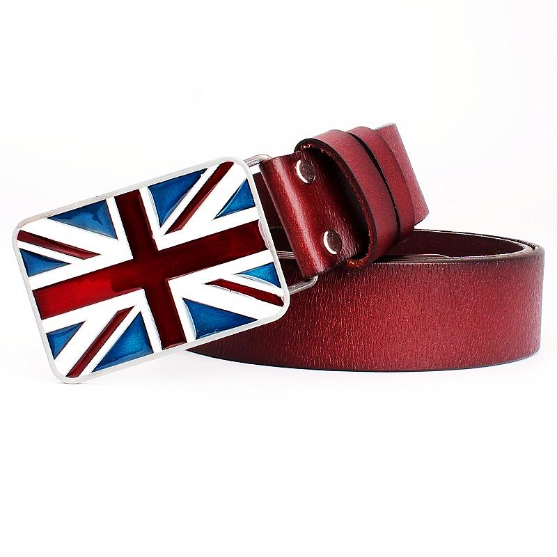 

British Flag Pattern Fashion Belts Cowskin Genuine Leather Metal Buckle Union Jack Jeans Waistband Trousers 105CM коричневий