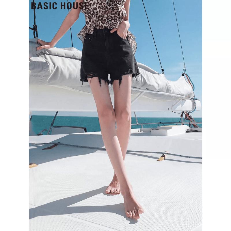 Basic House Women s Black Straight-Leg Ripped Denim Shorts S