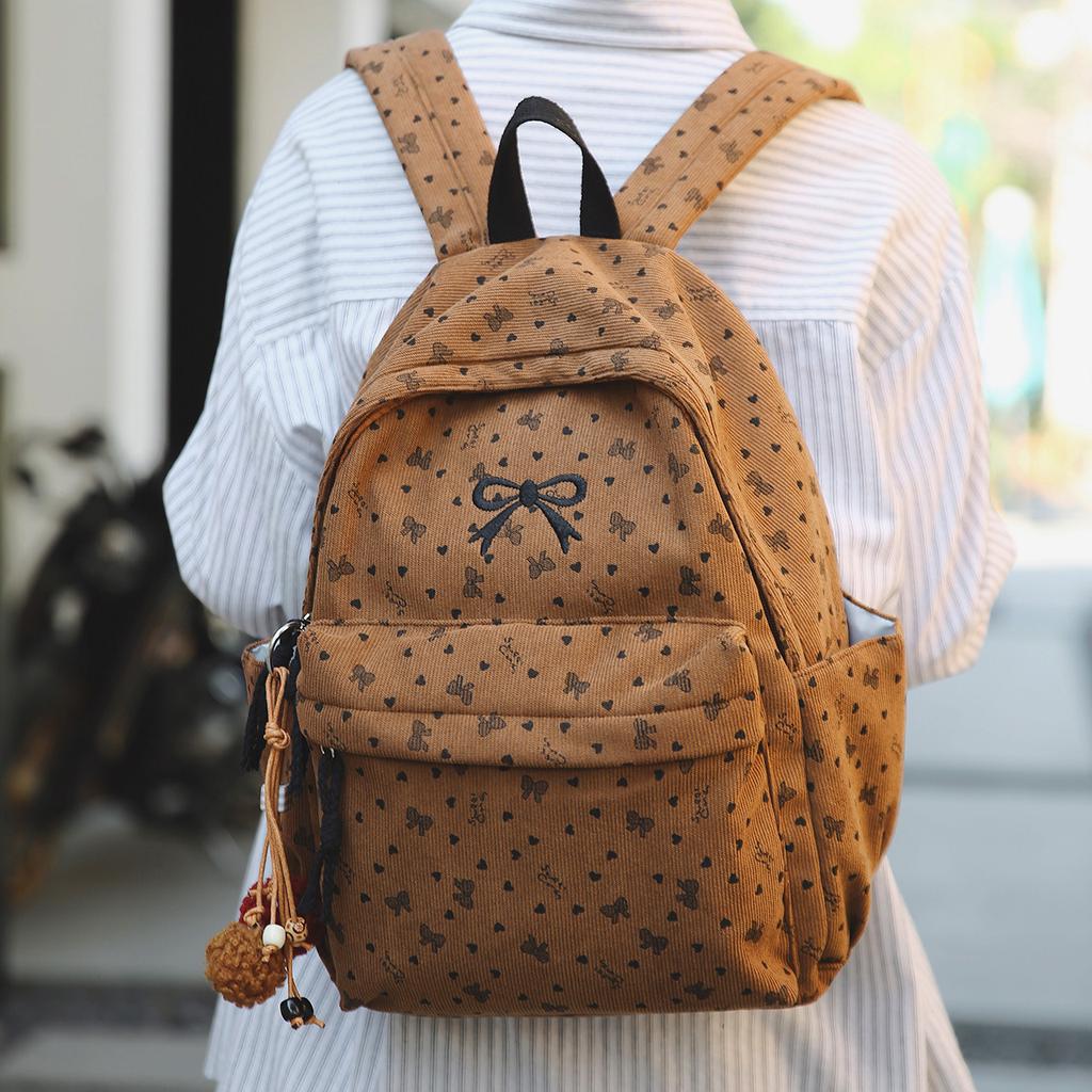 Schoolbag Velvet Backpack Women's High-value Bow Middle School Student Backpack Korean Corduroy Commuting Light Schoolbag