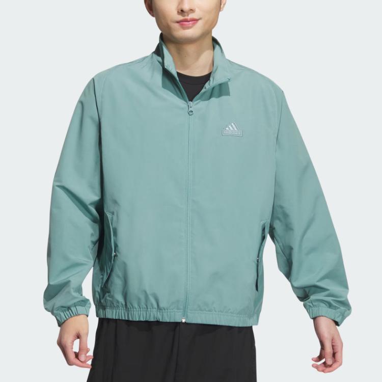 Adidas Embroidered Logo Zip-Up Collar Jacket Unisex Jackets Teal Gray JI6658