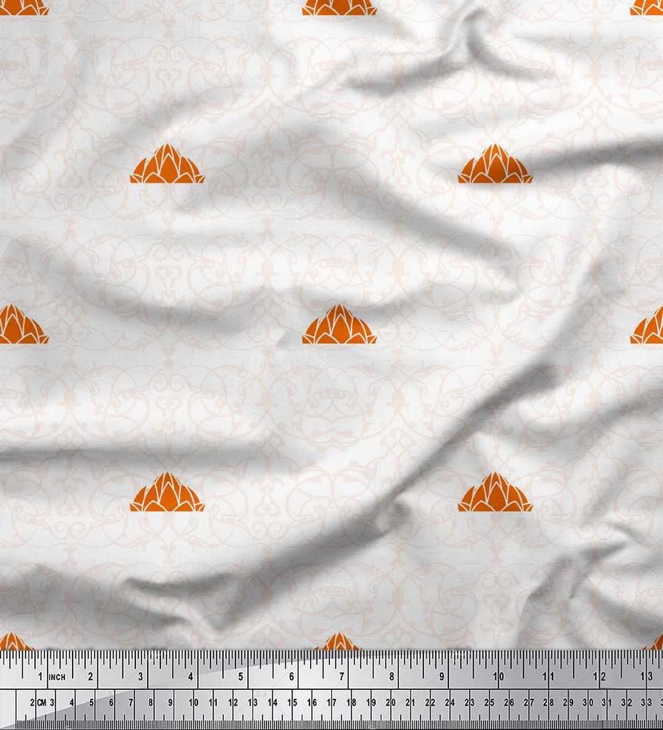 Soimoi Black Japan Crepe Satin Fabric Damask & Lotus Temple Architectural Print Fabric by the Metre 42 Inch