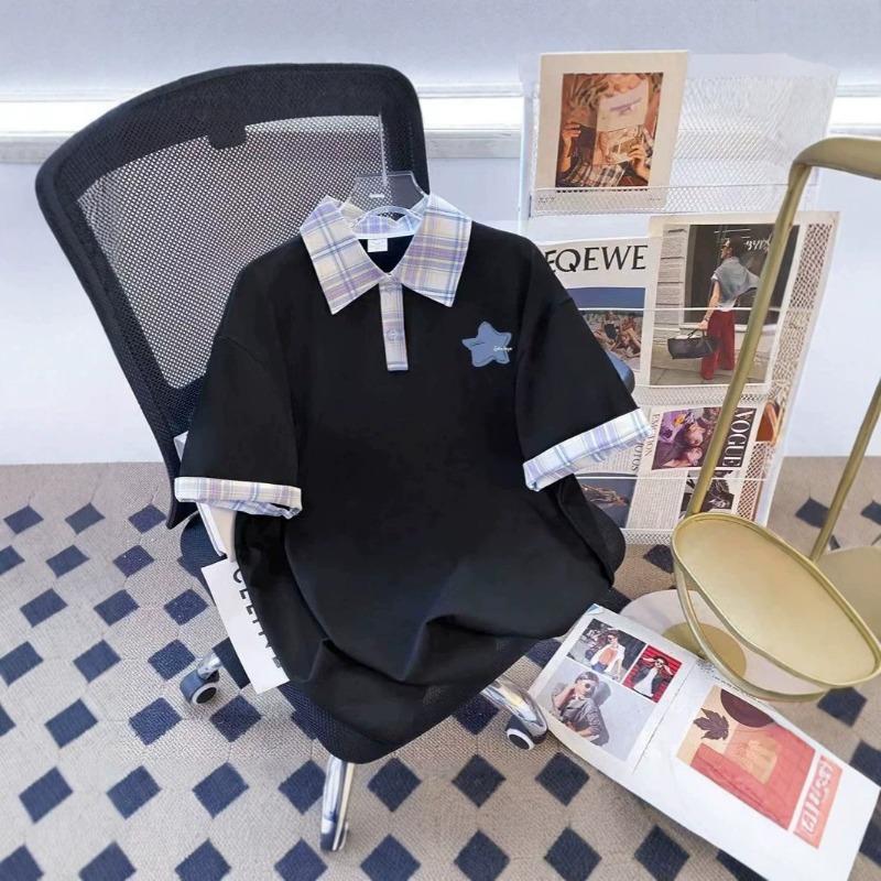 Niche summer American fashion shoulder sleeve polo collar short sleeve T-shirt men and women couples plaid ins top