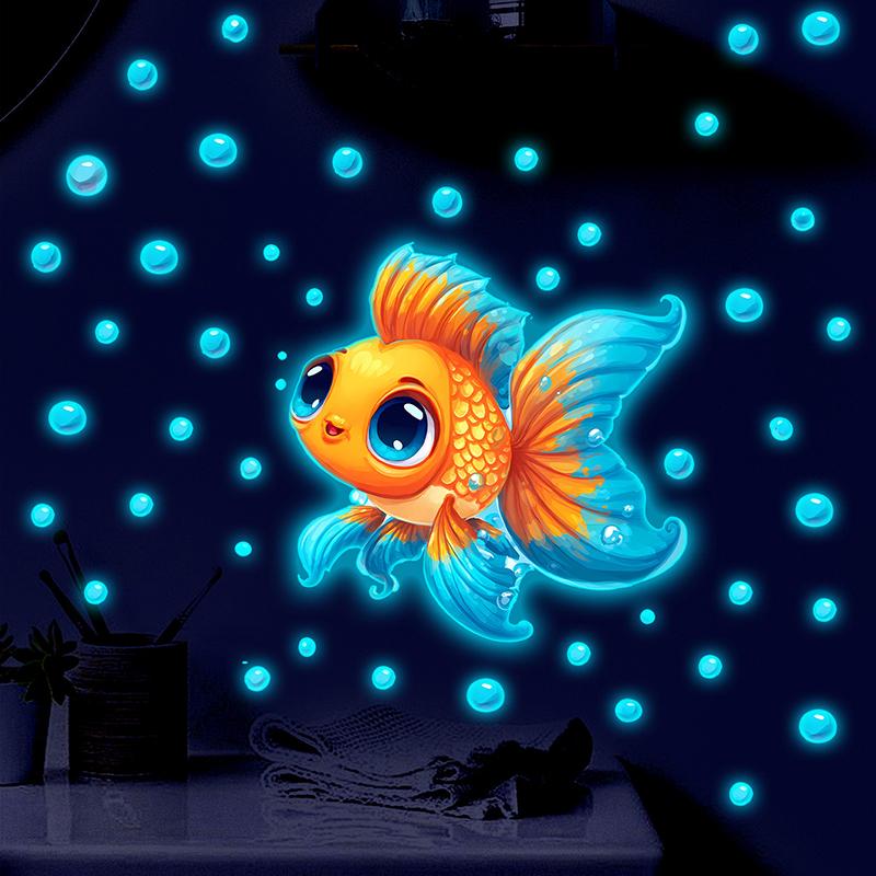 Glow-In-The-Dark Goldfish Bubble Toilet Sticker Creative Self-Adhesive Removable Bathroom Decoration Wall Windows Car Stickers