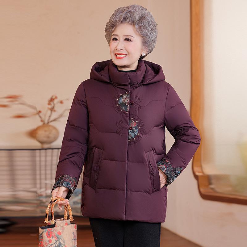 Cozy Winter Hooded Down Jacket for Elderly Women - Festive, Thickened White Duck Down Coat