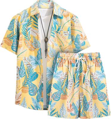 Druck Aloha Set Kurz Cargo Floral [J.STORE] All-Over Hemd, Hose, Ärmel, Lässig, Hose, Sport, Druck, Sportlich, Herren, Gelb, 5S-J06-YEL