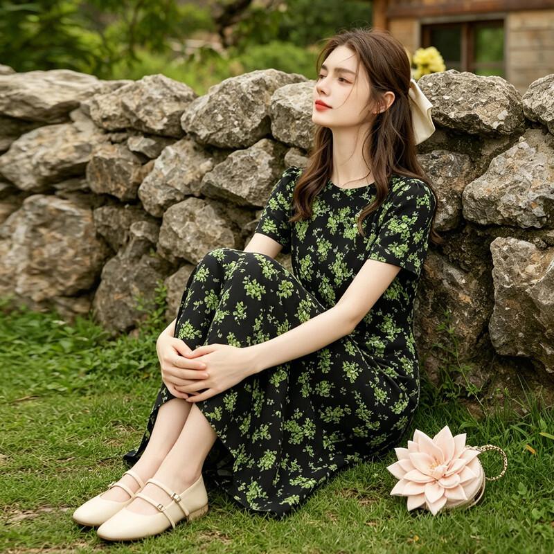 French Retro Floral Print Maxi Dress