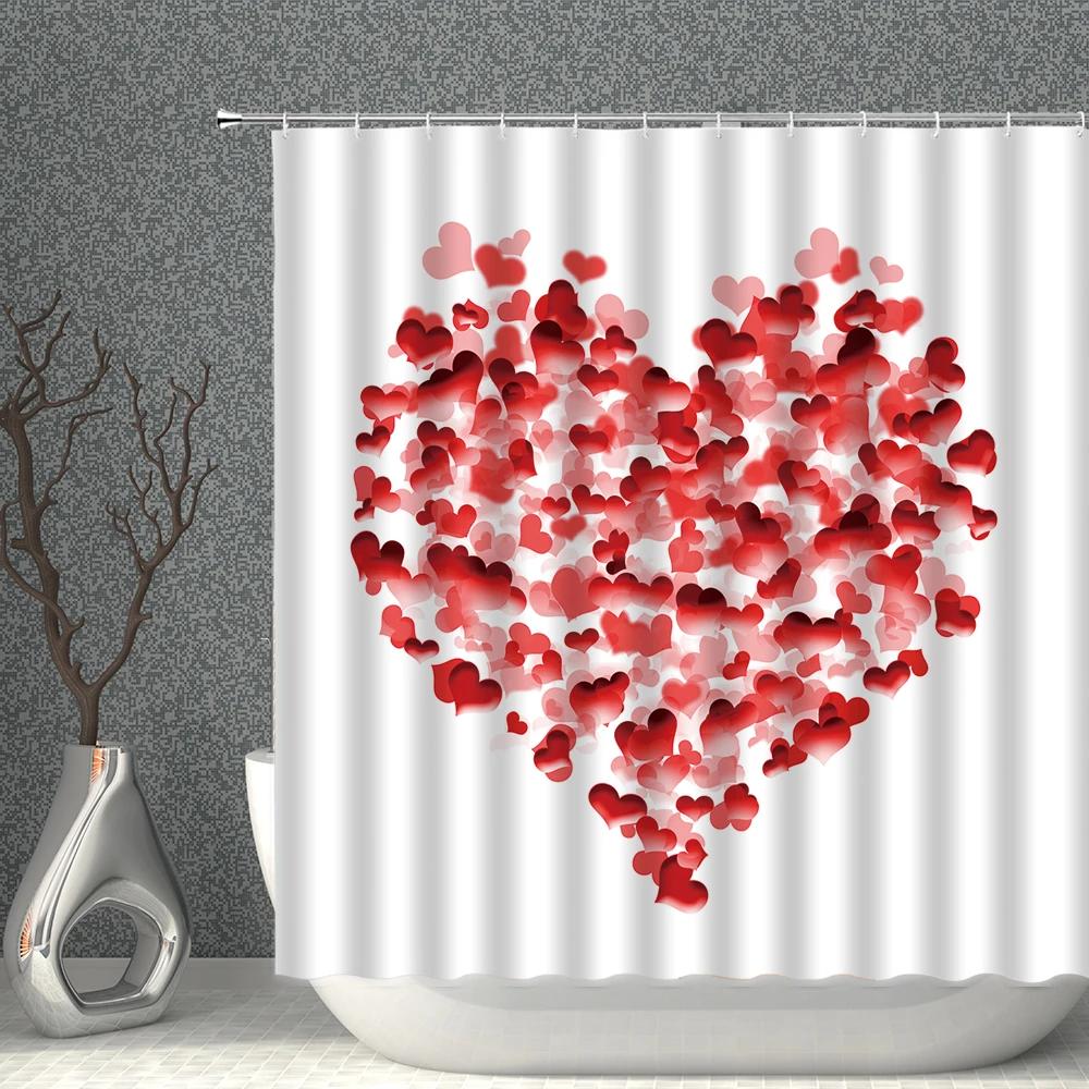 Valentine's Day Shower Curtain Rose Diamond Heart-Shaped Bathroom Curtains Suit Waterproof Polyester Fabric With Hook