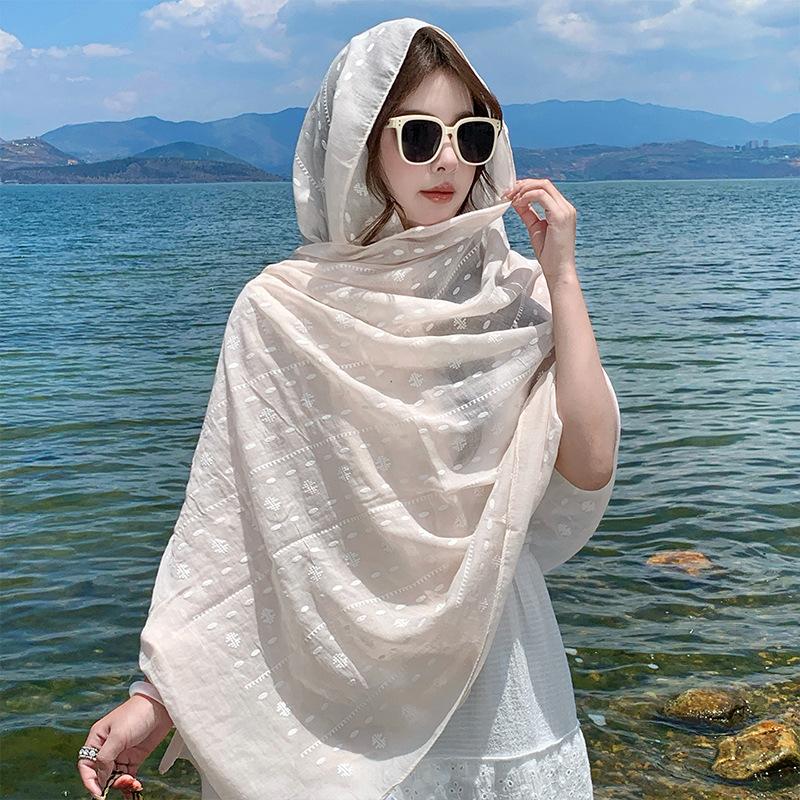 Chinese Ethnic Style White Embroidered Cotton and Linen Scarf Female Literary Spring and Autumn Winter Middle-aged Mother Silk Scarf Shawl Dual-purpos