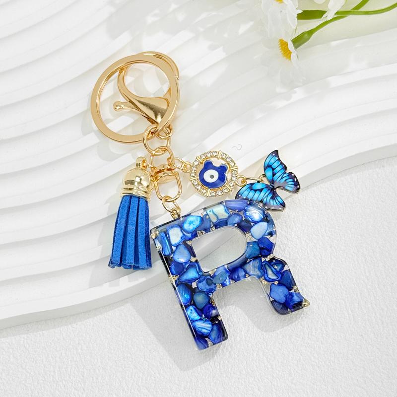 Fashion Blue Glazed Stone A To Z Letter Keychain 26 Initials Alphabet Butterfly Tassel Pendant Car Keyring Women Jewelry Gifts