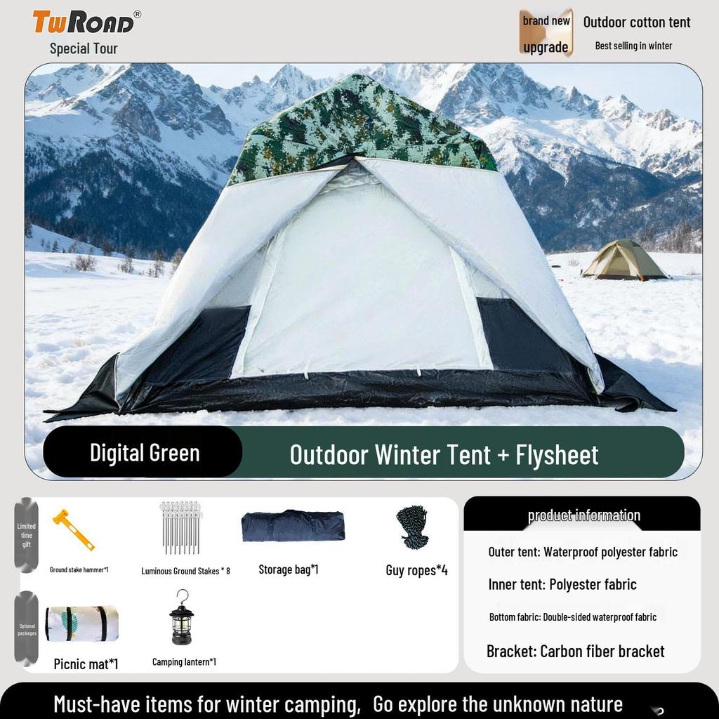 Four-Season Double-Layer Waterproof Tent with Quick-Open Design, Two Doors, Windows, and Ventilation for Camping.