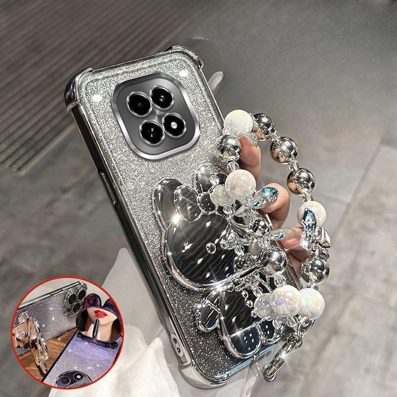 

Чехол для телефона с кронштейном-зеркалом в виде кролика для Realme 14 Pro 13 12 Pro Plus 5G C75 с браслетом, амортизирующий чехол с воздушными подушками в четырех углах Case & Holder&Realme 12 Pro+ серебряный