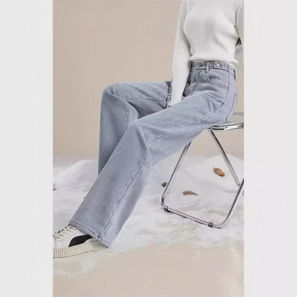 Women's Plush High-Waist Wide-Leg Jeans - Slim, Warm, All-Match Loose Straight Fit for Autumn/Winter