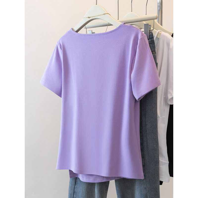 V Neck Asymmetrical Small Shirt Plus Size Ladies Covering Belly Thin Summer Wear