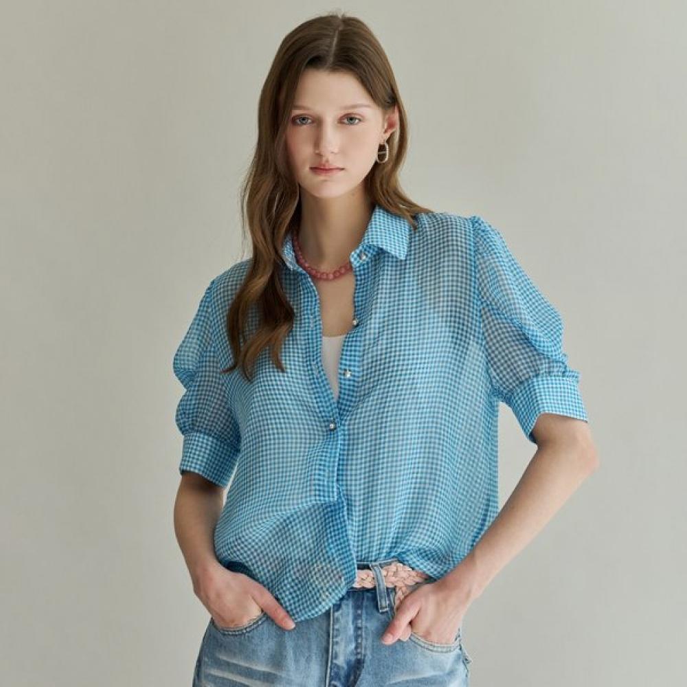 Maxza Gingham Check Shirring Puff Blouse Cf06qb002nh Blue/FREE