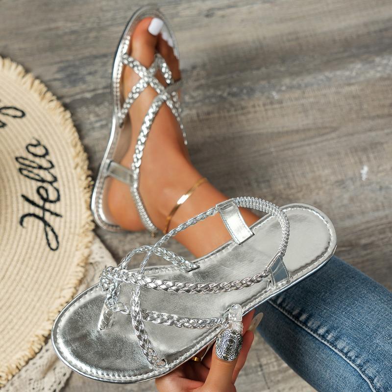 Damen Strand Gewebte Hohl-Sandalen Damen Flache Sandalen Lässige Zehensteg-Sandalen Sommer Neue Mode Gehen Kleider Damen Slides Zapatos Mujer