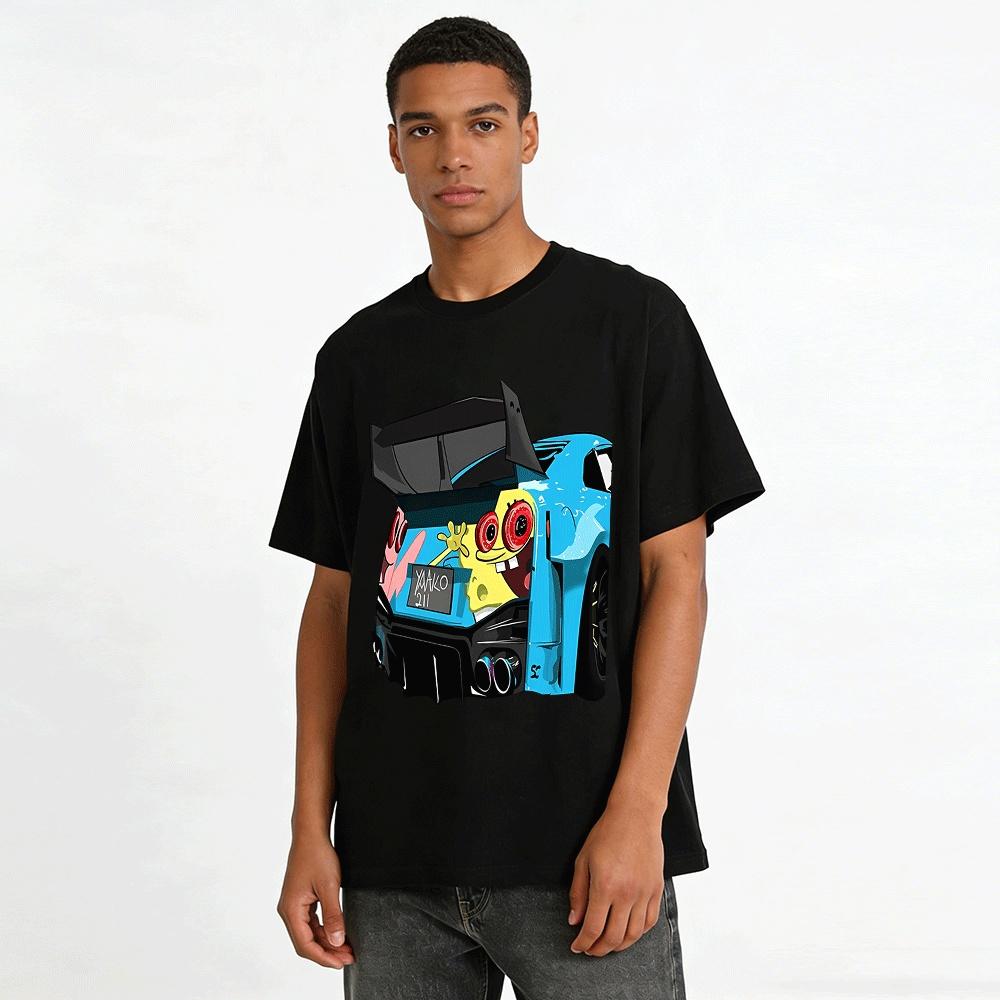 SpongeBob Patrick JDM Racing Car Print Trendy Casual Tee Pure cotton T-shirt