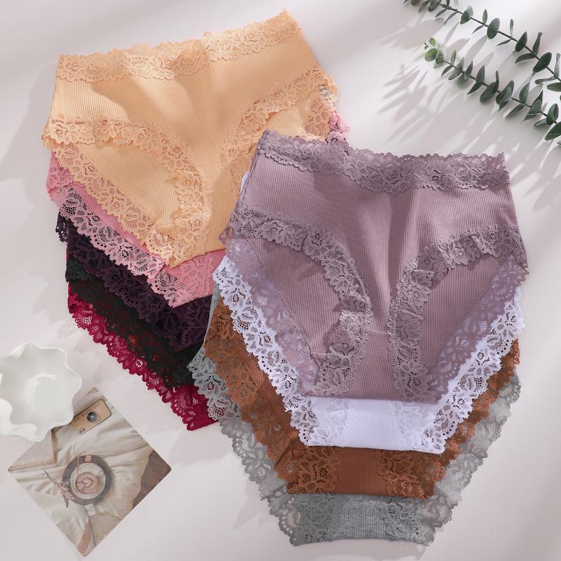 1pcs Women's High Waisted Plus Size Lace Spliced Cotton Underwear, Full Coverage Fashionable, Breathable, Soft and Comfortable Women's Underwear