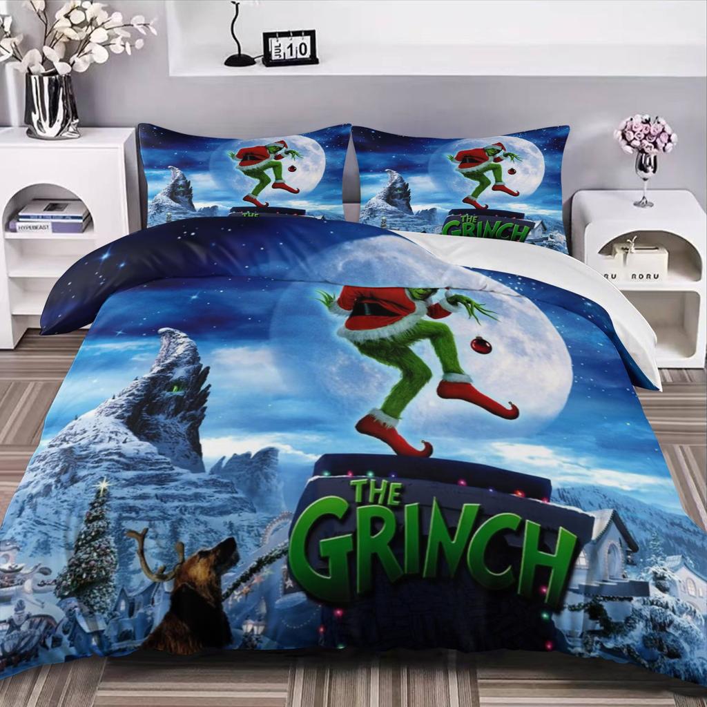 NEU Green Monster Stole Christmas Komfort Bettwäscheset Bettwäscheset Grinch Bettbezug-Set King Queen Größe Für Jungen Mädchen Geschenke