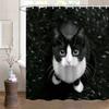 Black White Cat Shower Curtain Snowy Forest Portrait Print Bathroom Decor Waterproof Curtains Pet Lover Home Style