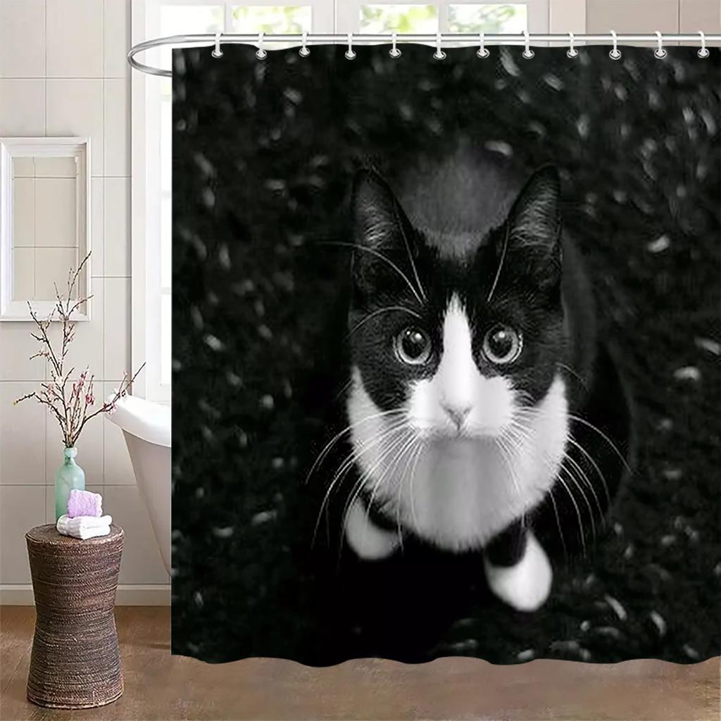 Black White Cat Shower Curtain Snowy Forest Portrait Print Bathroom Decor Waterproof Curtains Pet Lover Home Style