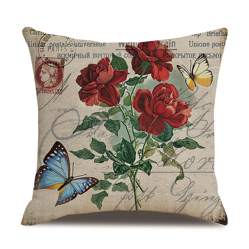 Linen Pillowcase American Rustic Rose Sofa Cushion Cover Retro Style Car Home Soft Decoration