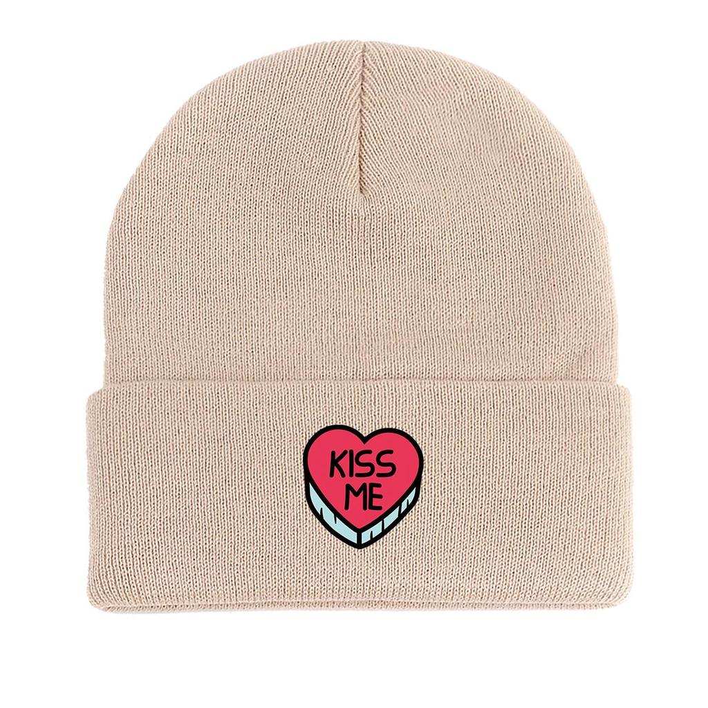 KISS ME" Heart Print Knit Cap Beanie, Valentine's Day Man Cap Soft Stretchy Unisex Bonnet Knitted Hat Beanie