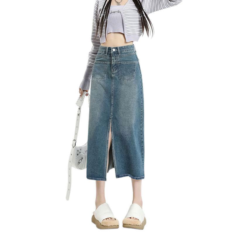 Jeansrock Damen Design Hohe Taille Taschen Gerade Vintage Schlitz Midilänge A-Linie Halbkörper Vielseitig Bequem Mode Denim Bustierrock