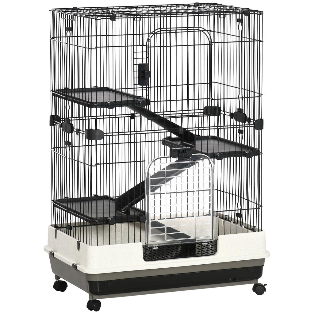 3-Tier Metal Cage with Tray for Rodents, Rabbits and Ferrets with 4 Wheels, 81.2x52.7x114cm, Black
