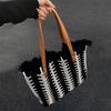 Women Grocery Tote Bag Fringe Large Capacity Canvas Handbag Beach Reusable Shop Bag Contrasting Color Travel Shoulder Bag
