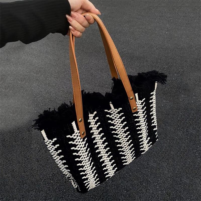 Women Grocery Tote Bag Fringe Large Capacity Canvas Handbag Beach Reusable Shop Bag Contrasting Color Travel Shoulder Bag
