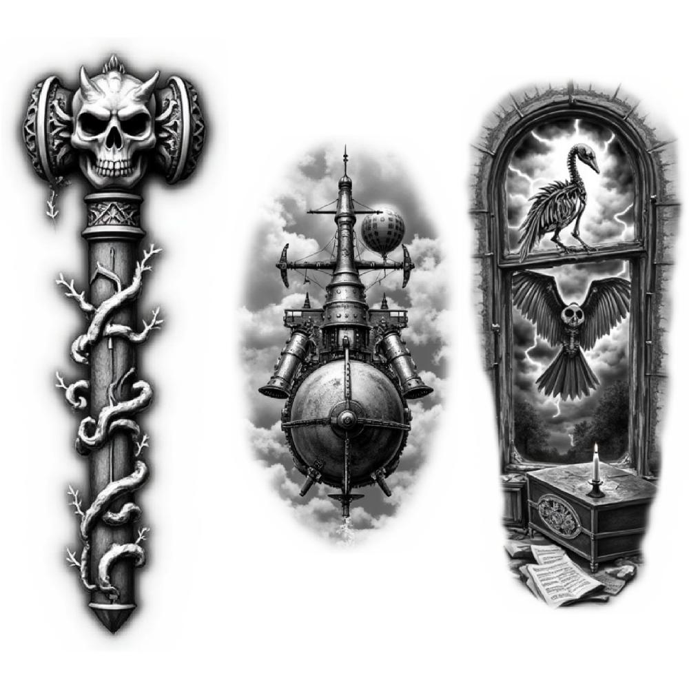 3pcs Temporary Tattoo Black And Grey Realism Candle And Bottle Cauldron With Smoke Sky And Bird For Adults Thighs Women