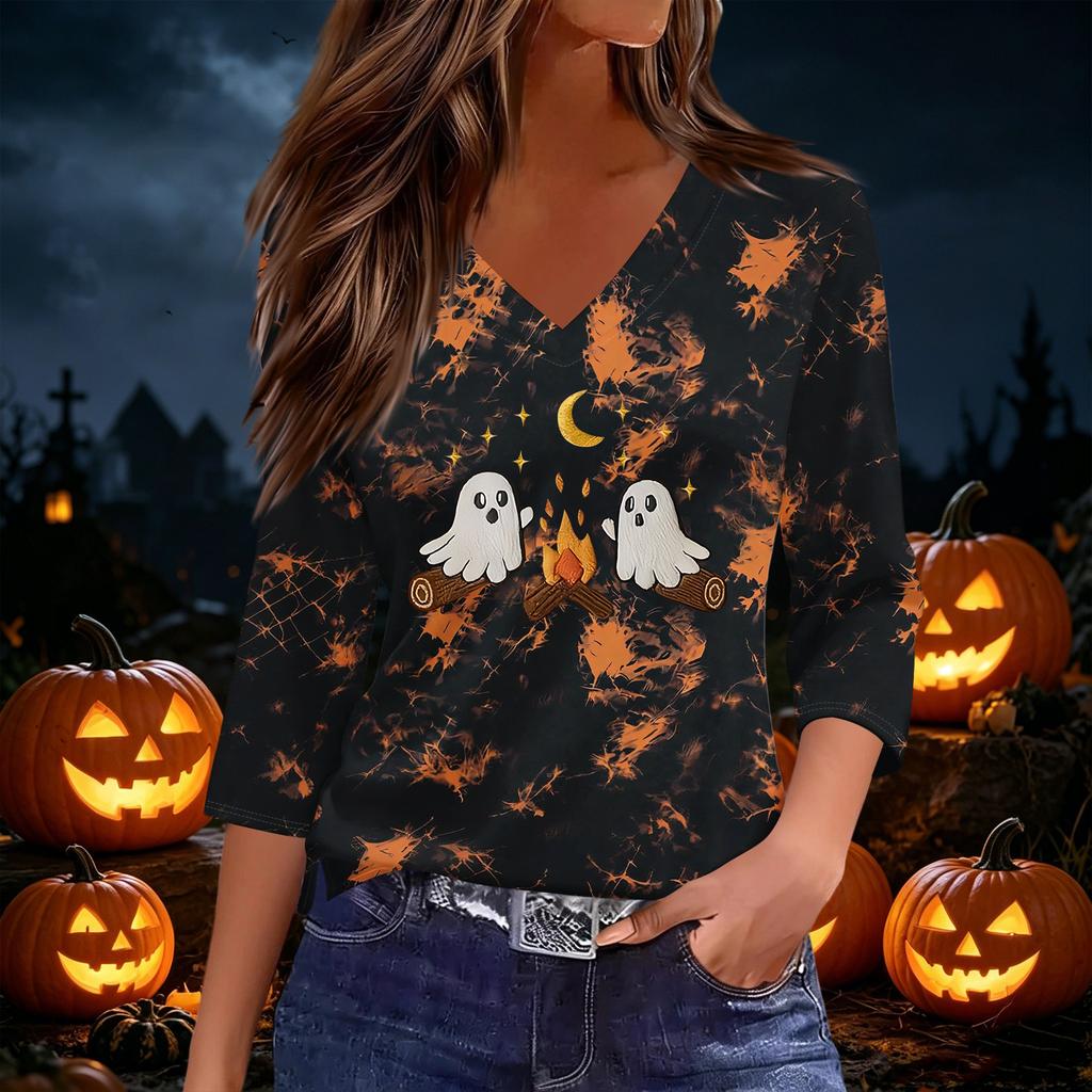 Women's Halloween Print V-Neck Three-Quarter Sleeve Top Casual Blouse for Party