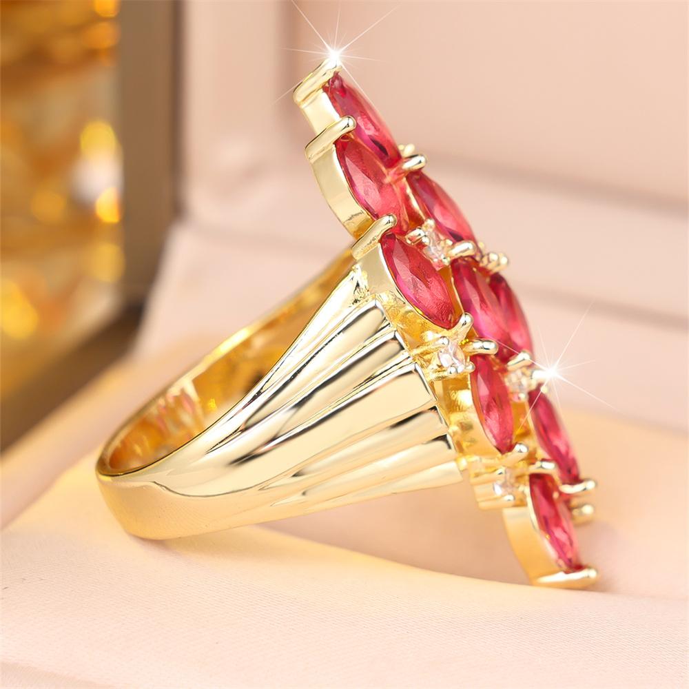 Geometric Marquise Stone Rose Red Crystal White Zircon Rings For Women Vintage Gold Color Engagement Bands Wedding Jewelry Gifts