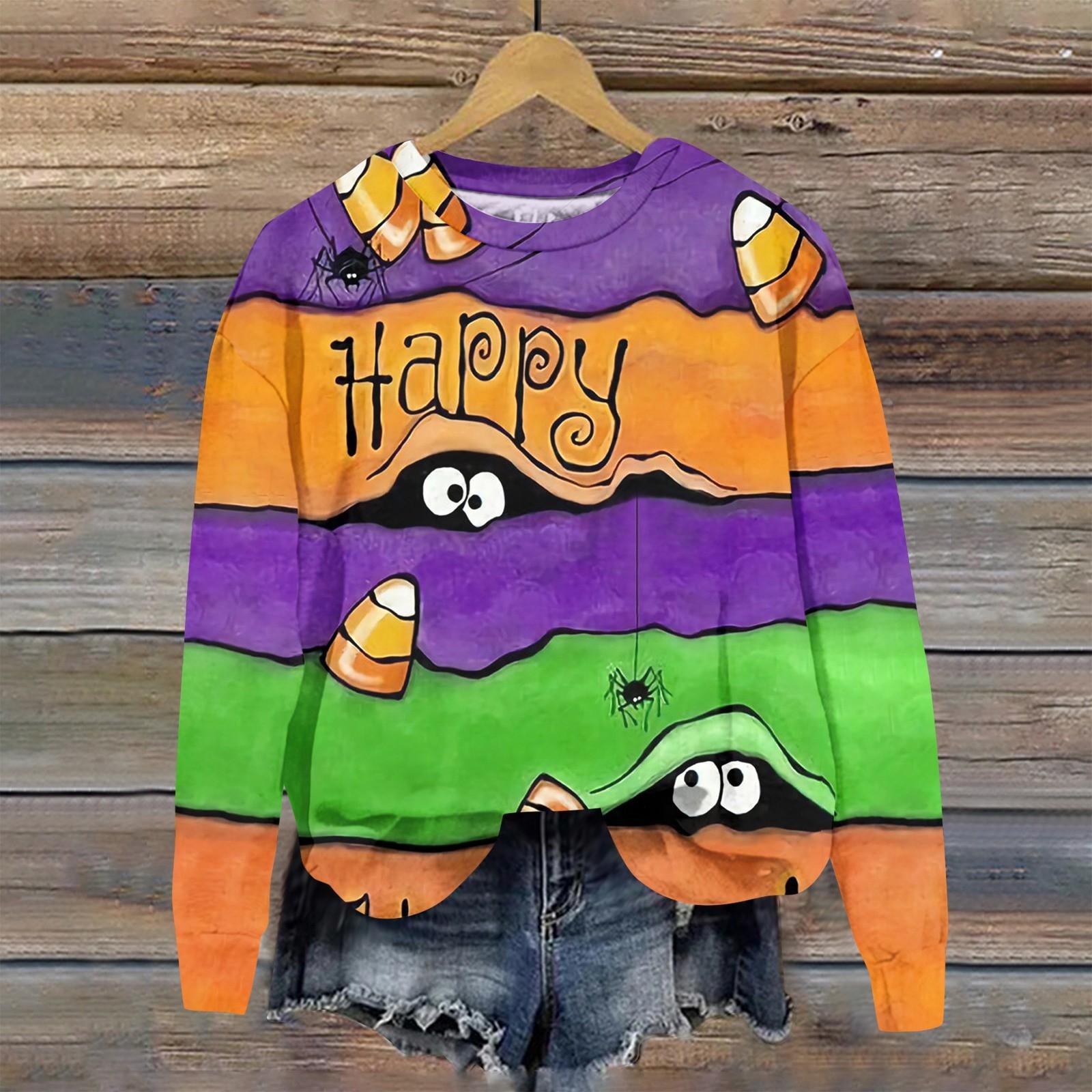 

Женская мода Хэллоуин с длинным рукавом с принтом Свободная толстовка с круглым вырезом Топ XL зелёный