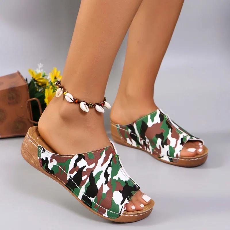 Fashion 2025Women Slippers Fashion Platform Camouflage Wedge Slippers  Summer Beach Casual Sandals Outdoor Comfortable Slides