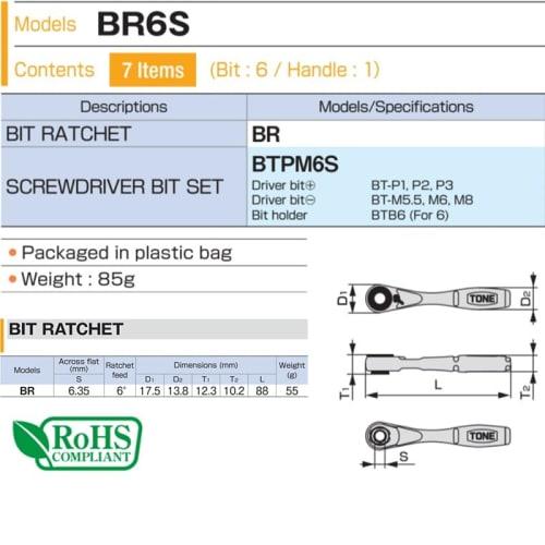 TONE Bit Ratchet Set BR6S with Bit Inserts, 7 Pieces