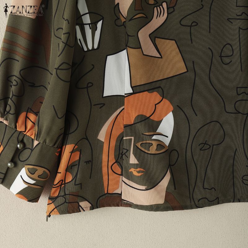 ZANZEA Women Square Collar Casual 3/4 Sleeve Loose Print Blouse