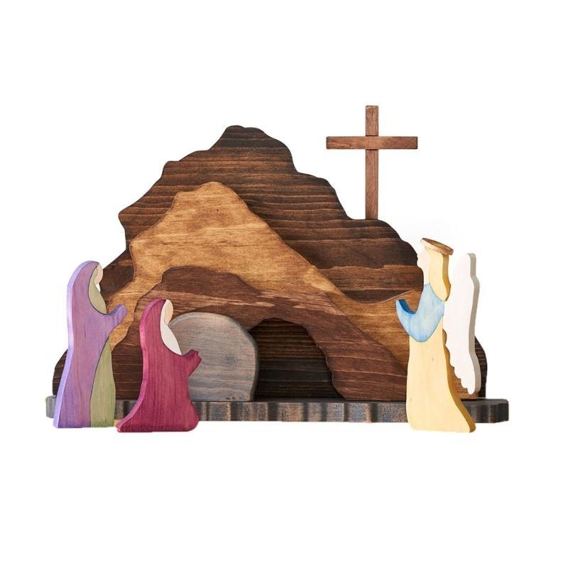 

Wooden Empty Tomb Easter Scene Decoration Reusable Portable Cross Empty Tomb Statue Easy To Install Easter Jesus Decor