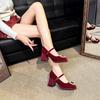 MZ-81 Brautschuhe mit Blockabsatz für breite Füße - Rote Braut-High Heels mit französischer Carré-Schnalle, bequem und stilvoll.